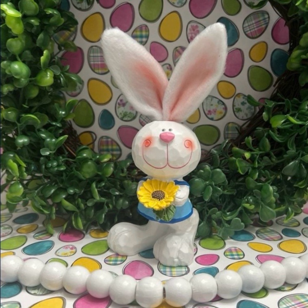 Adorable Boy Easter Bunny Figurine with Sunflower